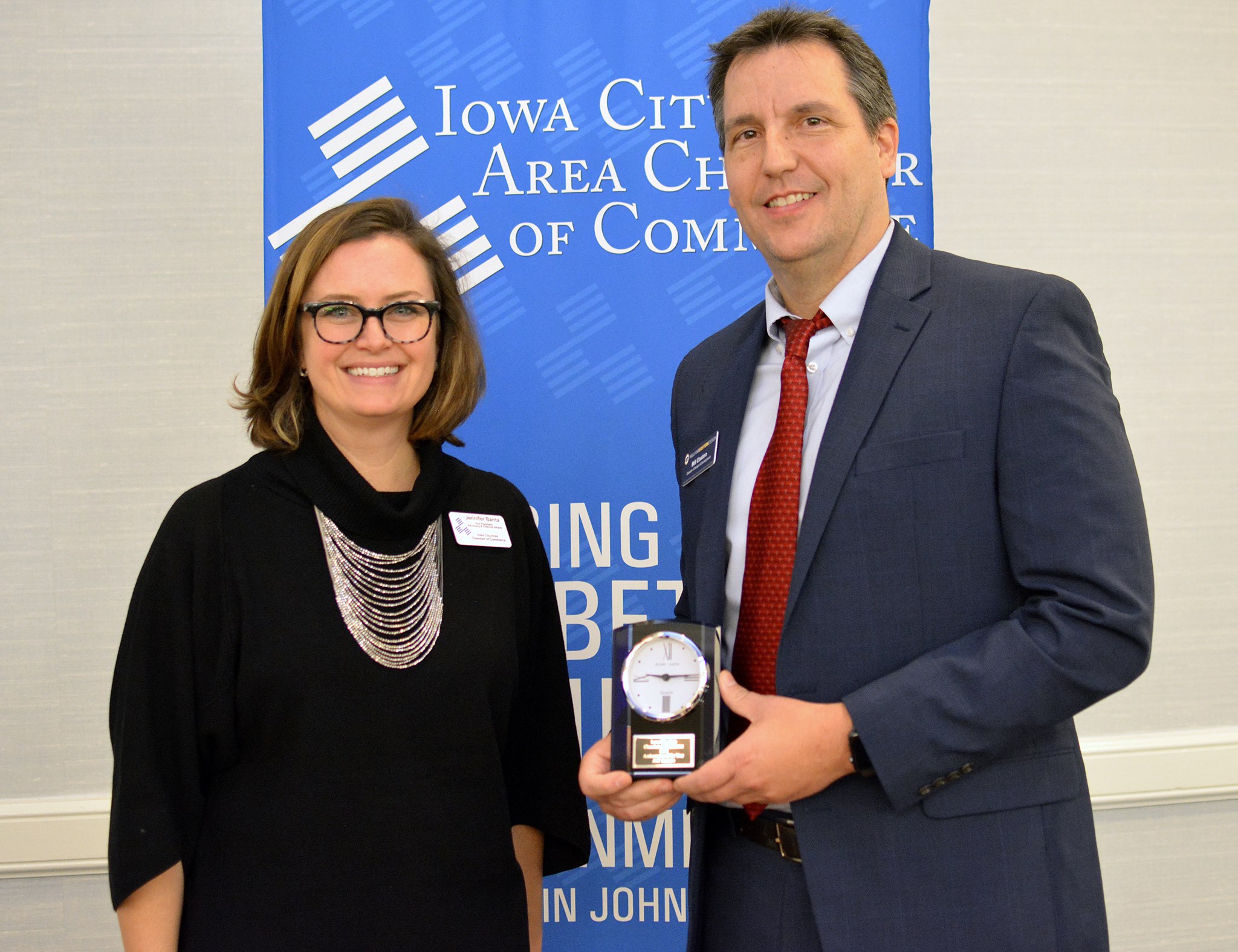 Photography of Iowa City Area Chamber of Commerce 2018 Ambassador of the Year William Easton and Jennifer Banta