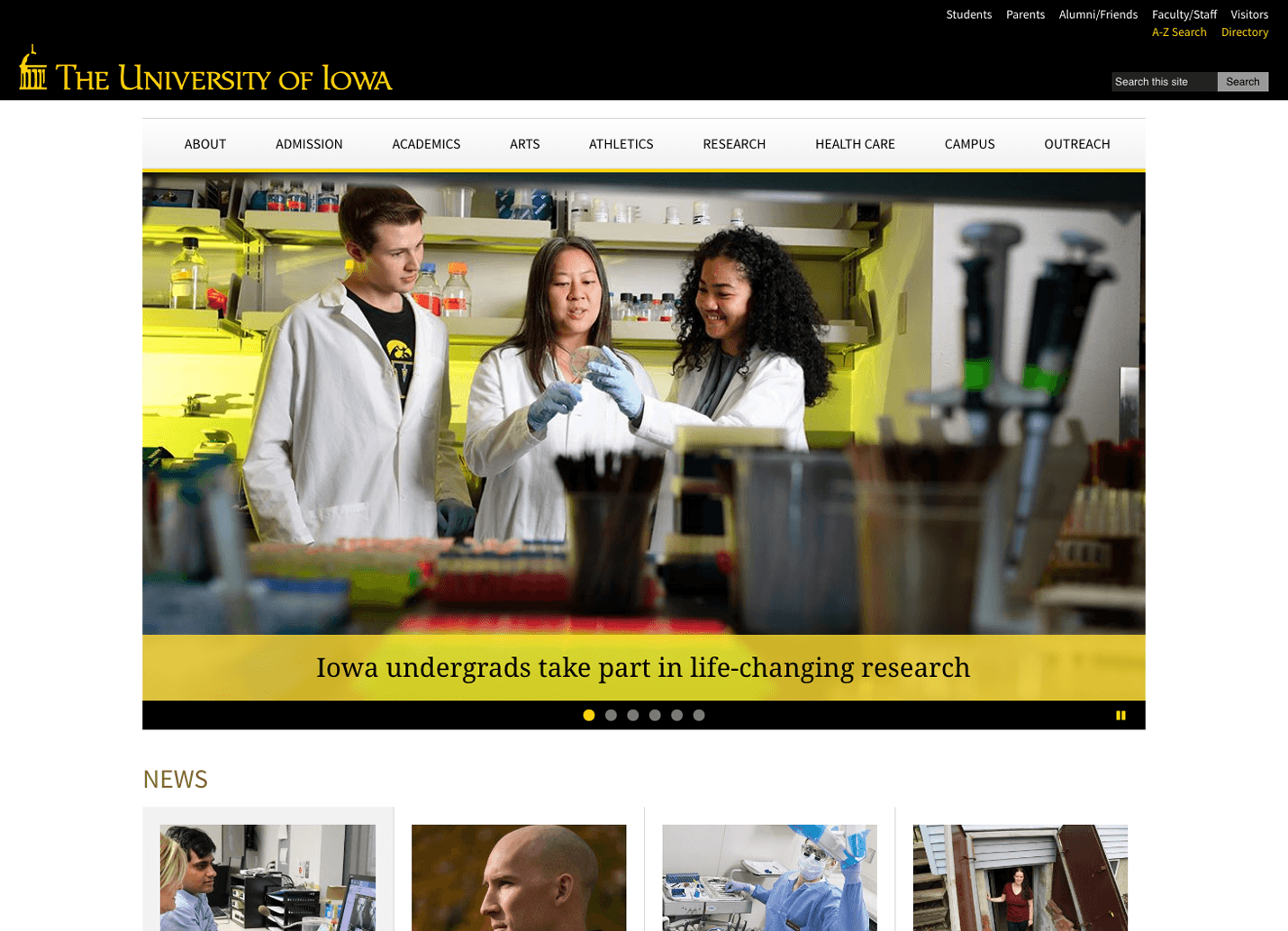 The University of Iowa Website Home Page