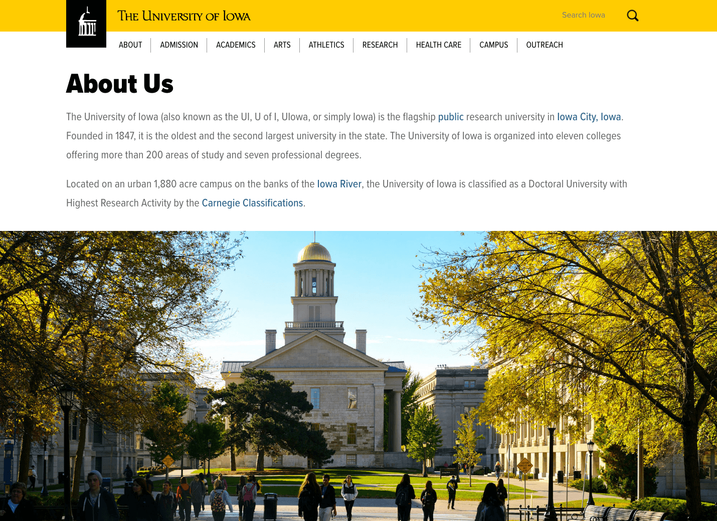 University of Iowa Home Page Redesign Interior Sample Page